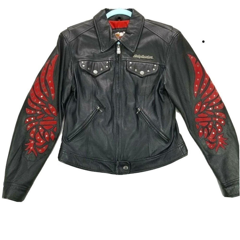 Harley Davidson Women's Black/Red Leather Jacket EUC X Small​​​​​​​​​​